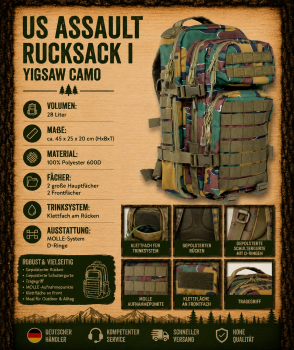US Assault Rucksack I 28L Yigsaw Camo Tactical Molle Backpack Outdoor Army