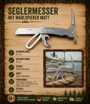 Preview: Seglermesser mit Marlspieker Edelstahl Taschenmesser Boots Messer 16cm