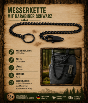 Preview: Messerkette mit Karabiner Schwarz 44,5cm Metallkette Schlüsselhalter Gürtelkette