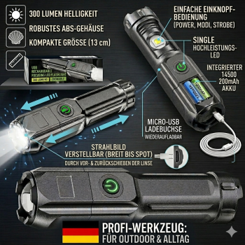 LED Taschenlampe 300lm USB Akku Taktisch Klein Handlich Wasserdicht EDC Survival