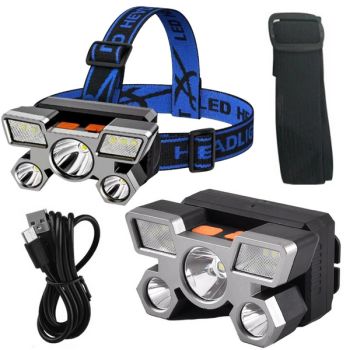 Preview: 9-LED Stirnlampe 800lm Akku USB Kopflampe Ultraleicht Camping Wandern PREISHIT