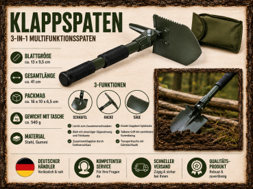 Preview: Klappspaten Bundeswehr BW 3in1 Schaufel Hacke Säge Camping Spaten mit Tasche