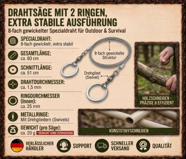 Preview: Outdoor Drahtsäge Extra Stabil 8-fach Spezialdraht Handsäge 60cm Survival Camp