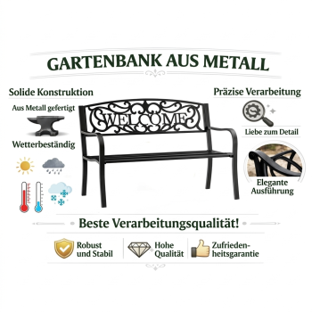 Preview: Gartenbank Sitzbank Terrasse Welcome Metall 3-Sitzer Schwarz 127 cm robust 