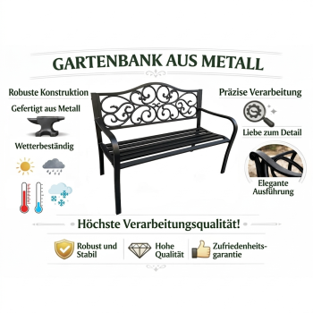 Preview: Gartenbank Terrasse Metall 3-Sitzer Parkbank robust schwarz 127 x 60 x 89 cm