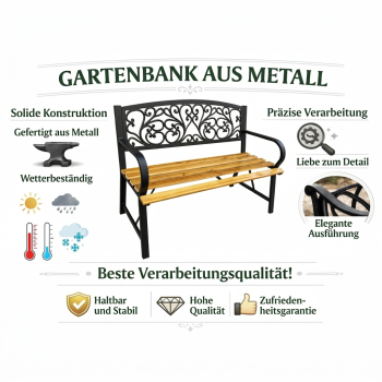 Preview: Gartenbank Parkbank für Terrasse Garten Metall Holz 2.5-Sitzer 118 cm Sitzbank