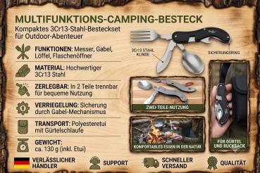Preview: Camping Besteckteil 3Cr13 Stahl Outdoor Essbesteck Klappbesteck Tasche 4 in 1