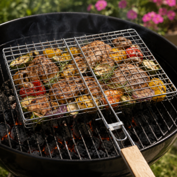 Preview: Grillkorb verchromt Grillrost Gemüsekorb Fisch Fleisch Grillzubehör 32x22,5cm