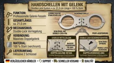 Preview: Handschellen mit Gelenk Double-Lock Stahl Fesseln Security 2 Schlüssel Silber