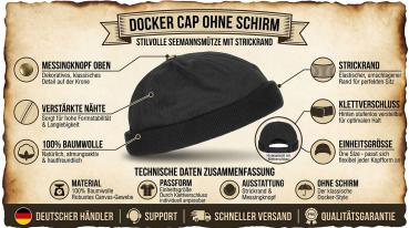 Preview: Docker Cap Schirmlos Mütze Schwarz Klettverschluss 100% Baumwolle Seemannsmütze