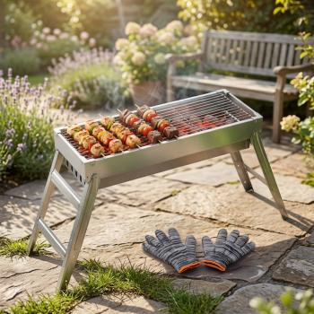 Preview: Edelstahl Grill Holzkohle Klappgrill Campinggrill Schaschlik Handschuhe 54x20cm