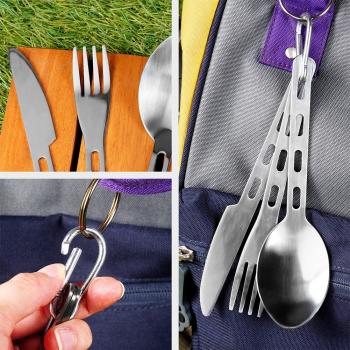 Preview: Outdoor Campingbesteck Set Edelstahl Reisebesteck Karabiner Camping Besteck