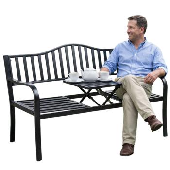 Preview: Gartenbank Terrasse Garten Metall 3 Sitzplätze Schwarz 150 cm mit Tisch Parkbank