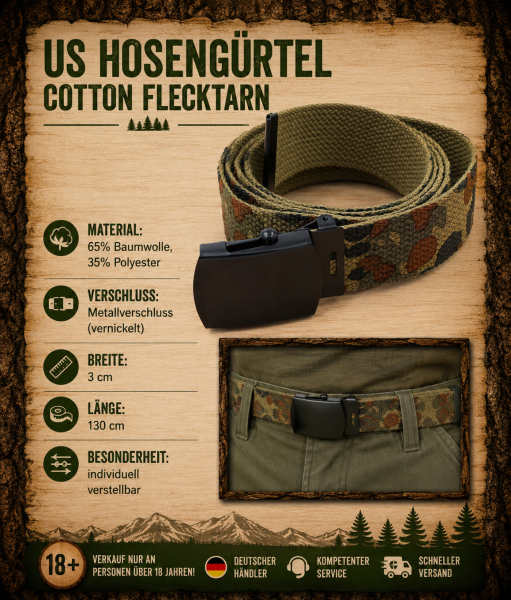 US Hosengürtel Flecktarn 130cm Baumwolle Militärgürtel Army Gürtel Survival