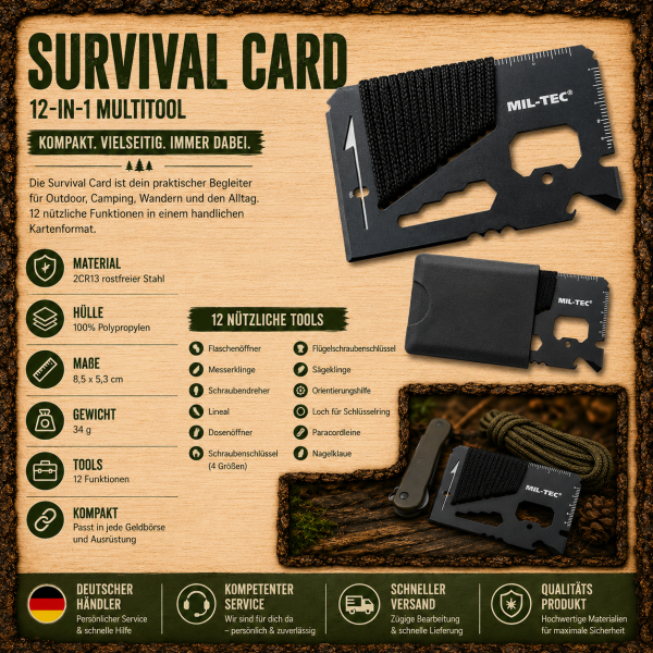 Multitool Karte Survival Card 12 Funktionen Paracord Camping Bushcraft EDC