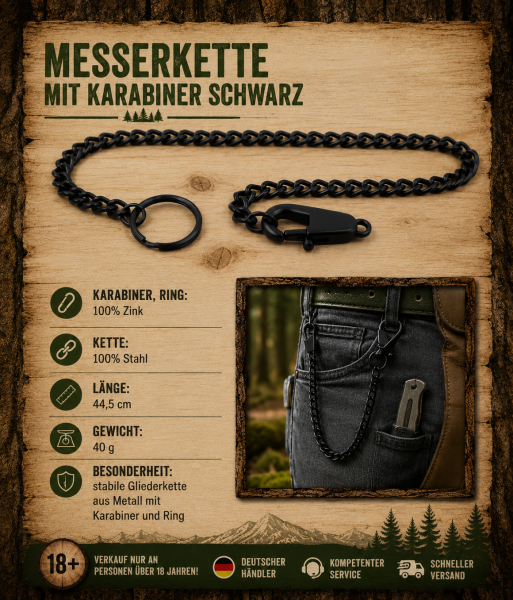 Messerkette mit Karabiner Schwarz 44,5cm Metallkette Schlüsselhalter Gürtelkette