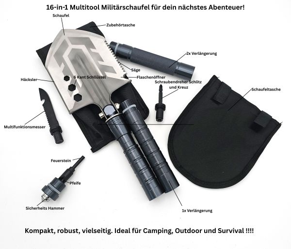 16-in-1 Militär Klappschaufel 68cm Survival Outdoor Multitool Spaten Camping