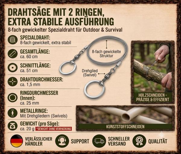 Outdoor Drahtsäge Extra Stabil 8-fach Spezialdraht Handsäge 60cm Survival Camp