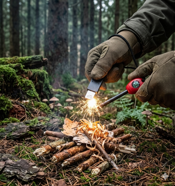 Feuerstarter Outdoor mit Kompass Feuerstahl Feuerstab Camping Survival