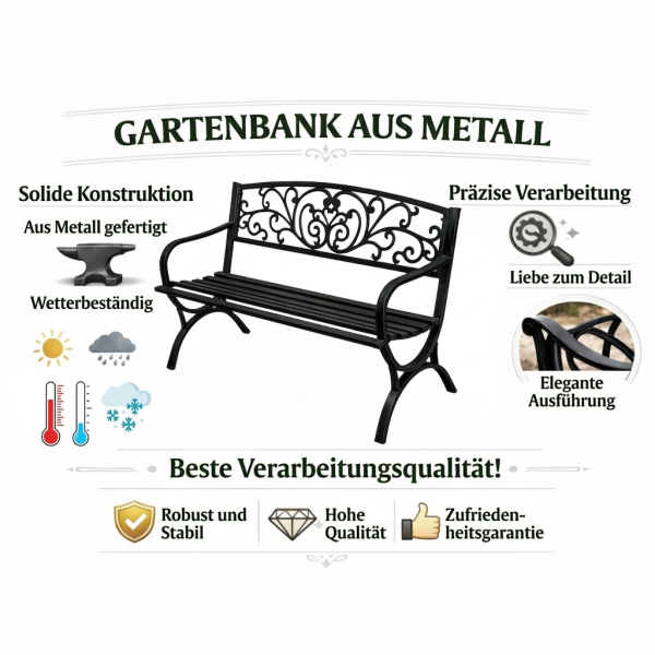 Gartenbank Sitzbank Terrasse Metall 2.5-Sitzer Gartenmöbel schwarz 127 cm schick