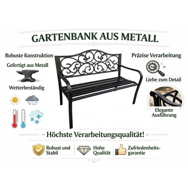 Gartenbank Terrasse Metall 3-Sitzer Parkbank robust schwarz 127 x 60 x 89 cm
