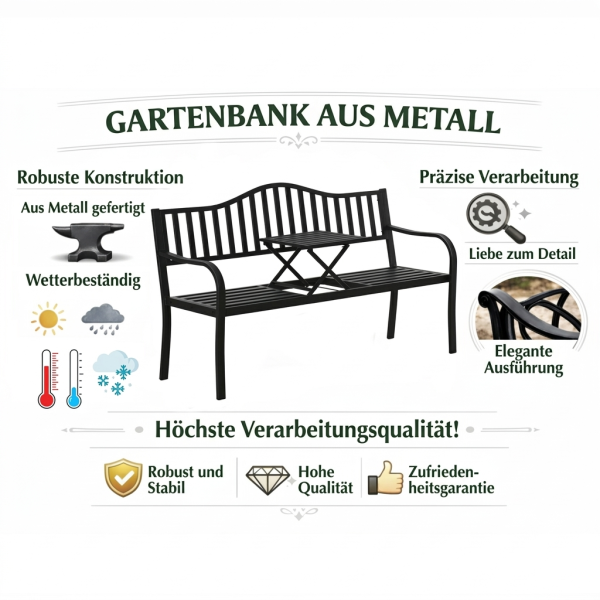Gartenbank Terrasse Garten Metall 3 Sitzplätze Schwarz 150 cm mit Tisch Parkbank