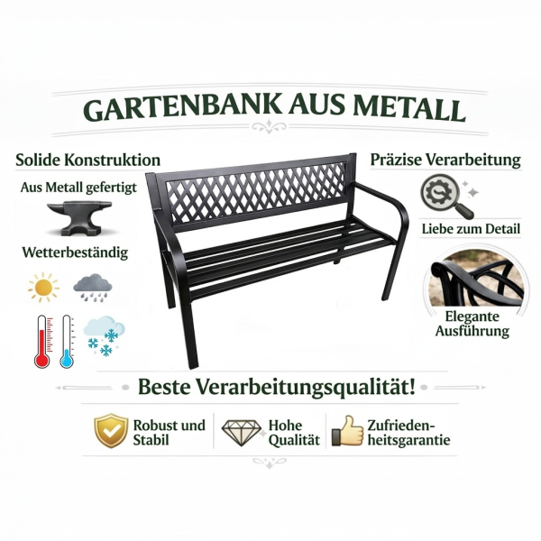 Gartenbank Sitzbank Terrasse Garten Metall 2.5-Sitzer Schwarz 120 cm Gartenmöbel