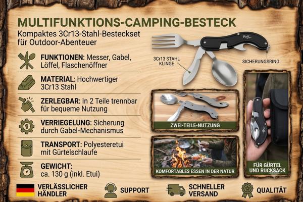 Camping Besteckteil 3Cr13 Stahl Outdoor Essbesteck Klappbesteck Tasche 4 in 1