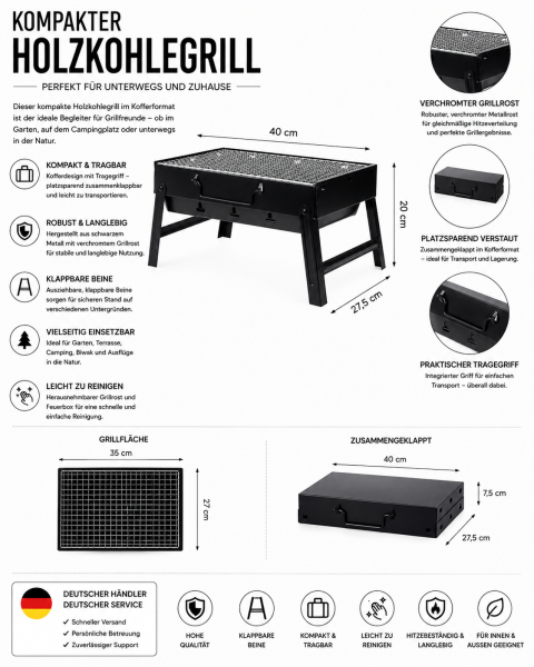 Holzkohlegrill Grill Klappgrill Koffergrill Campinggrill Tragbar BBQ 40cm Angeln
