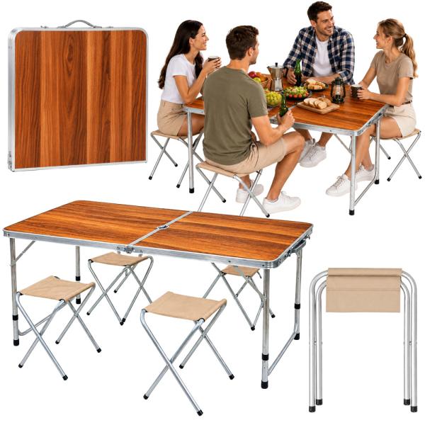 Campingtisch faltbar ALU 120 cm Set mit 4 Hocker Klapp- Gartentisch Koffertisch