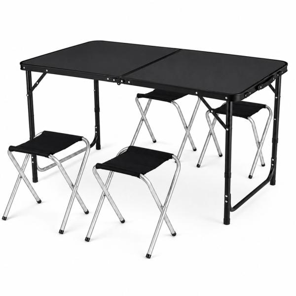Campingtisch faltbar ALU 120 cm Set mit 4 Hocker Klapp- Gartentisch Koffertisch