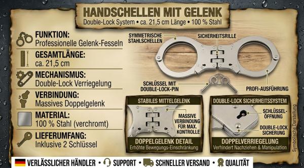 Handschellen mit Gelenk Double-Lock Stahl Fesseln Security 2 Schlüssel Silber