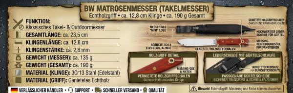 Bundeswehr Matrosenmesser Holz Griff Glattschliff Messer Lederscheide Outdoor