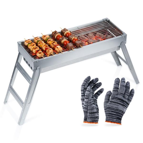 Edelstahl Grill Holzkohle Klappgrill Campinggrill Schaschlik Handschuhe 54x20cm