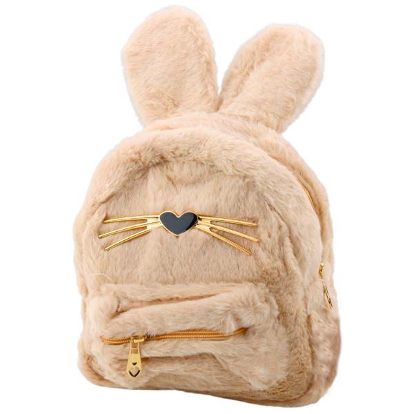 Lean Kinderrucksack aus pelzigem Plüsch mit Hasenohren, Nase und Schnurrhaaren, Beige, 3 l, 22 cm Rucksack