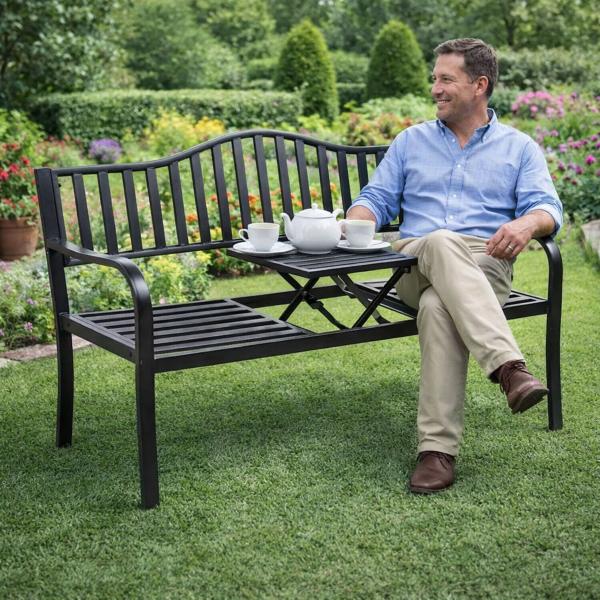 Gartenbank Terrasse Garten Metall 3 Sitzplätze Schwarz 150 cm mit Tisch Parkbank