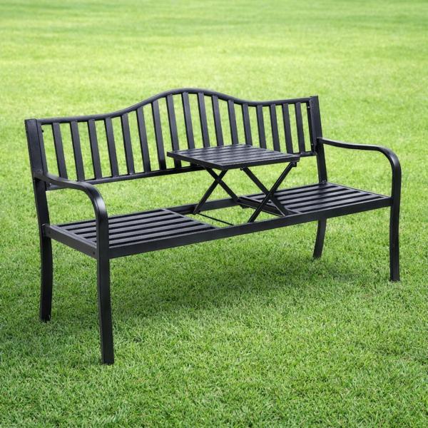 Gartenbank Terrasse Garten Metall 3 Sitzplätze Schwarz 150 cm mit Tisch Parkbank