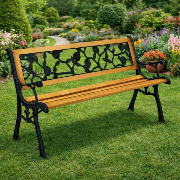 Gartenbank aus Holz Metall Parkbank Rosenmotiv Sitzbank Gartenmöbel 2.5 Sitzer