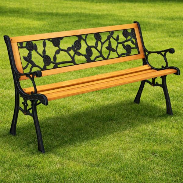 Gartenbank aus Holz Metall Parkbank Rosenmotiv Sitzbank Gartenmöbel 2.5 Sitzer